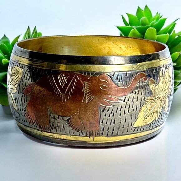 Vintage Brass Elephant Floral Etched Cuff Bracelet - Picture 1 of 5